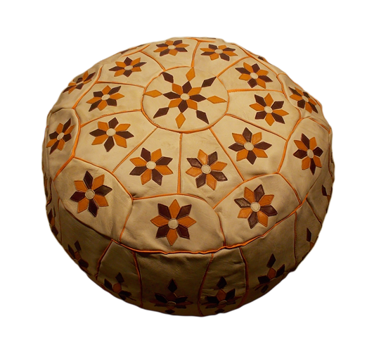 Moroccan Ornamented Beige and Brown Leather Pouf Ottoman